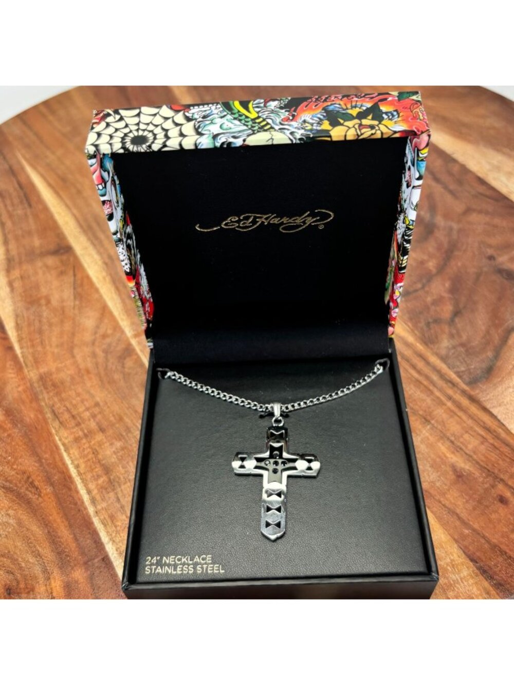 Ed Hardy Stainless Steel Cross Necklace 24" w Box Tattoo-Inspired Design